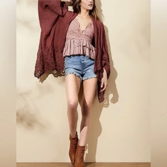 FREE PEOPLE Amaira Kimono gauze M/L Floral $128 Lace Trim Open Front Cardigan - Picture 4 of 12
